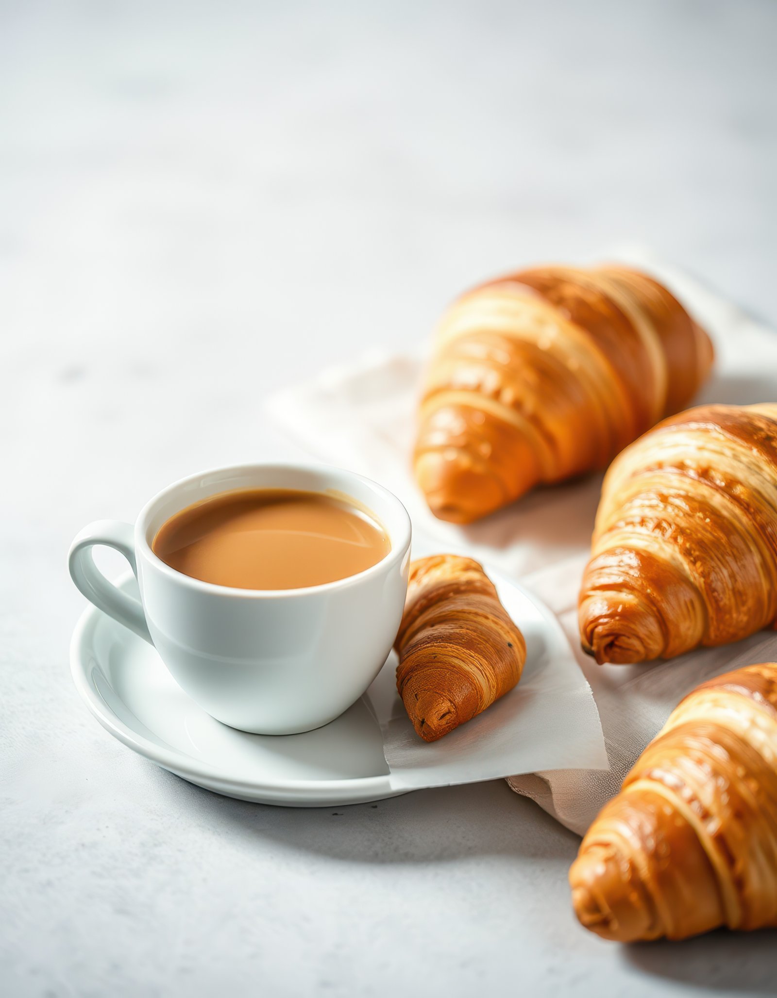 Morning coffee with flaky croissants on a light table during a cozy breakfast setting